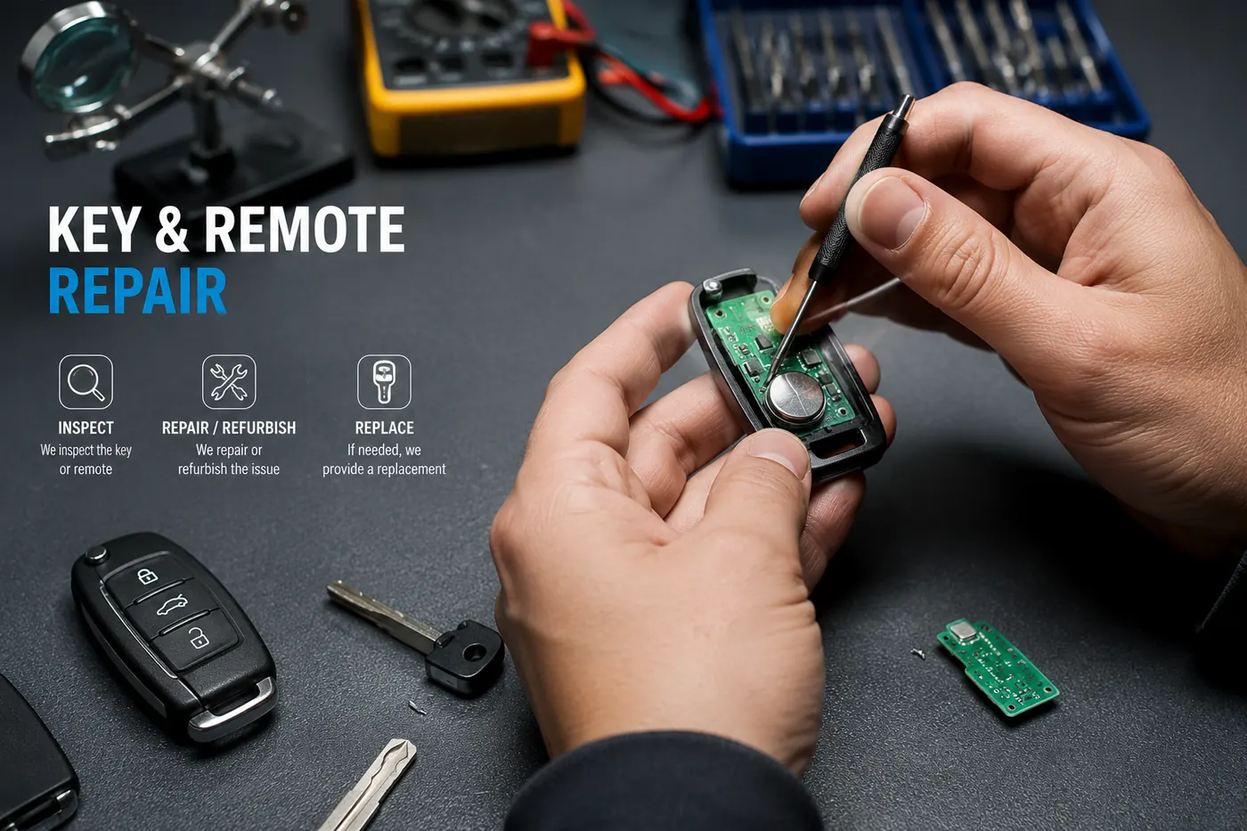 Locksmith repairing a car key fob and remote